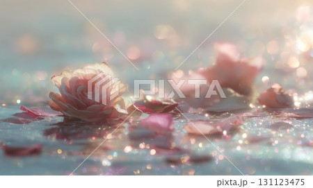 Rose petals drifting on water with soft sunlight in a tranquil setting 131123475