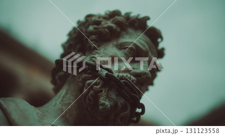 Ancient statue of a philosopher bound by chains in a historical city square at dusk 131123558