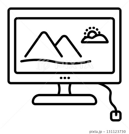 Plasma TV with screensaver, stand and cord. Front view of the home appliance, single vector black line icon. Outline monochrome sign 131123730