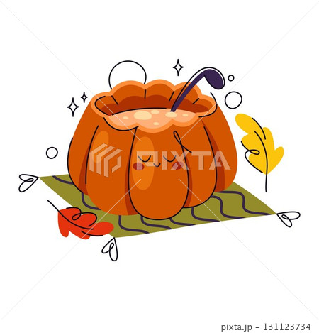 Thanksgiving pumpkin soup in gourd bowl. Vector warm homemade dish for autumn festive or fall holiday, Halloween meal or family gathering dinner. Natural and organic seasonal food. Cooking recipe. 131123734