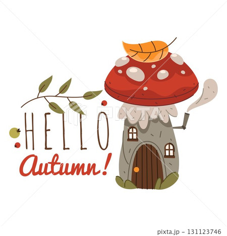 Hello autumn poster with mushroom. Vector fall or seasonal greeting or invitation placard. Rustic card with fungi or red shroom. Forest or wood nature symbol. September badge with fungus. Thanksgiving Hello autumn poster with mushroom. Vector fall or seasonal greeting or invitation placard. Rustic card with fungi or red shroom. Forest or wood nature symbol. September badge with fungus. Thanksgiving 131123746