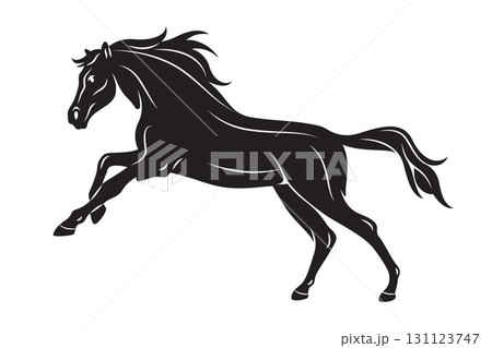Horse animal cartoon silhouette. Vector galloping mustang or stallion gait. Wildlife nature or mammal with mane, hoof. Equestrian movement and fast speed symbol. Mare gait. Racehorse athletic action. Horse animal cartoon silhouette. Vector galloping mustang or stallion gait. Wildlife nature or mammal with mane, hoof. Equestrian movement and fast speed symbol. Mare gait. Racehorse athletic action. 131123747