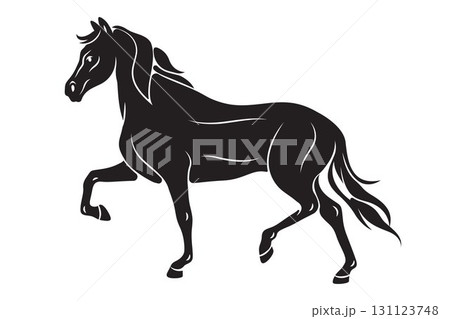 Side view on running horse. Vector animal gallop or equestrian race or sport, athletic mammal. Purebred mare or racehorse silhouette. Broodmare trot or outdoor equine gait. Freedom, wildlife, nature. Side view on running horse. Vector animal gallop or equestrian race or sport, athletic mammal. Purebred mare or racehorse silhouette. Broodmare trot or outdoor equine gait. Freedom, wildlife, nature. 131123748