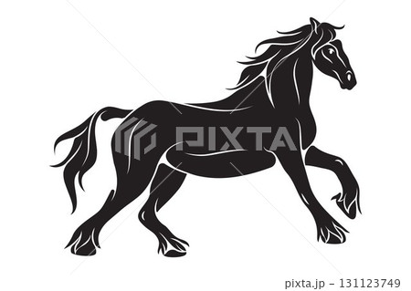 Race horse silhouette. Vector running sport animal. Sport and speed, movement competition. Broodmare or mare motion. Countryside wildlife and nature. Athletic mustang outdoor. Equestrian side view. 131123749