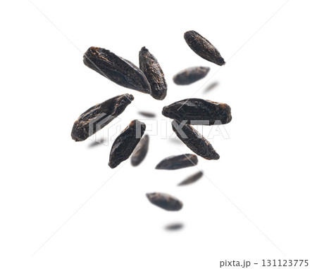 Roasted rye malt grains levitate on a white background 131123775