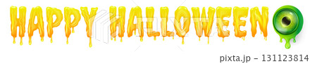 Happy halloween orange text with liquid orange slime and zombie green eye isolated on white background. Wide happy halloween banner, poster, flyer and poster with melting text and monster eyeball 131123814