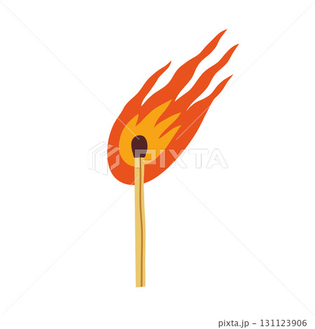 Cartoon illustration of a burning matchstick with a dynamic orange flame, isolated on a white background. 131123906
