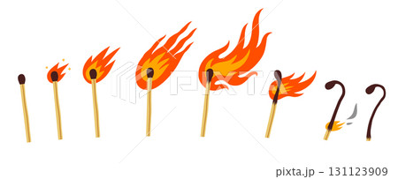 The combustion cycle of a match, linear timeline. Flat color illustration on a white background. The concept of burnout. 131123909