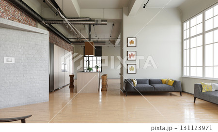Modern industrial loft apartment with an open plan living room and kitchen. 3D rendering of a contemporary urban home interior. 131123971