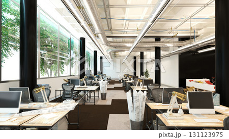 3D rendering of a modern industrial office interior. Empty open-plan workplace with architectural blueprints on desks. Corporate design concept. 131123975