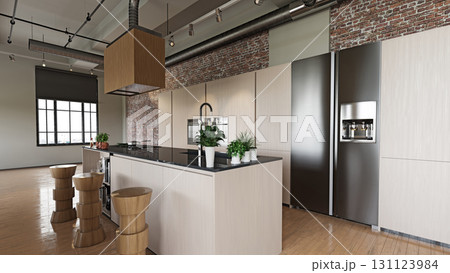 Modern industrial loft kitchen with a large island and wooden cabinets. Contemporary home interior design and architectural visualization. 3D rendering. Modern industrial loft kitchen with a large island and wooden cabinets. Contemporary home interior design and architectural visualization. 3D rendering. 131123984