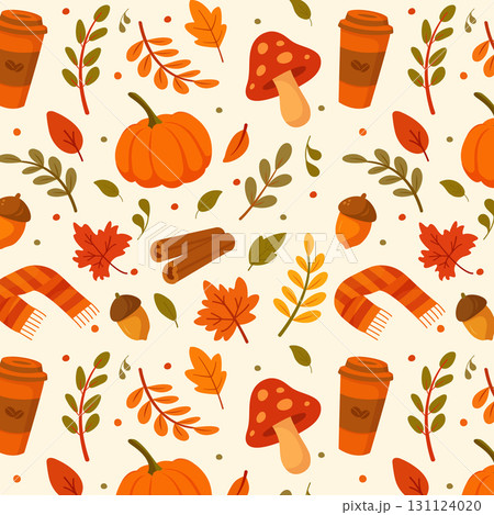 Seamless autumn pattern with pumpkin, leaves, acorns, coffee and fall elements in cute cartoon style Seamless autumn pattern with pumpkin, leaves, acorns, coffee and fall elements in cute cartoon style 131124020