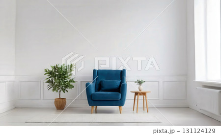 Modern Living Room Interior with Blue Armchair and Wooden Furniture. 131124129