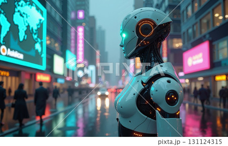 Female Robot in Neon City Street 131124315