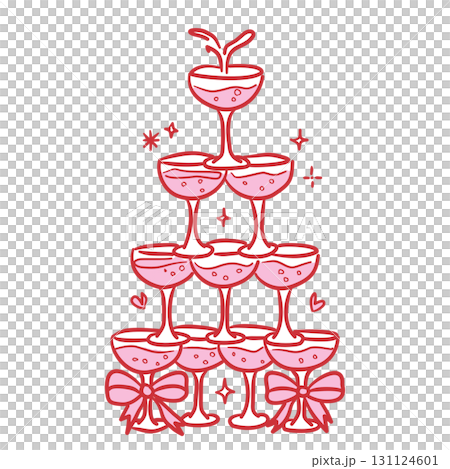 Red Outlined Champagne tower set Pink Filled Line Art Illustration for Bachelorette Party Coquette Style Celebration Party Invitations Greeting Cards and Festive Decoration Design 131124601