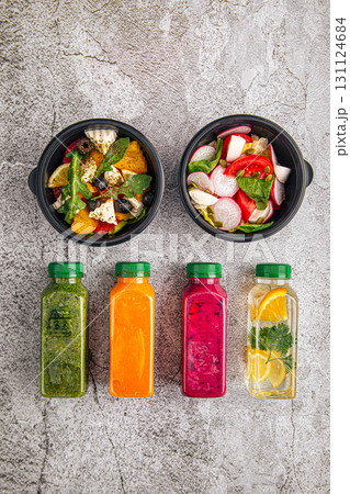 Healthy salads and smoothie in delivery containers Healthy salads and smoothie in delivery containers 131124684