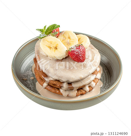 Isolated stack of pancakes with fruits 131124690