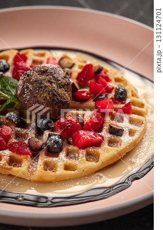 Waffle dessert with chocolate ice cream and berry Waffle dessert with chocolate ice cream and berry 131124701