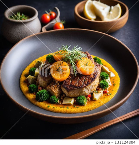 Polenta Base with Grilled Meat and Seasonal Garnish 131124804