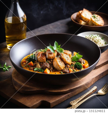 Rustic Bowl of Herbed Pork with Vegetables 131124811