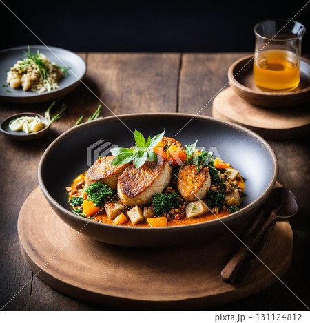 Roasted Medallions with Greens on Wooden Board 131124812