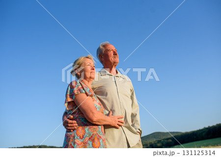 Happy senior couple embracing in meadow at sunset. 131125314