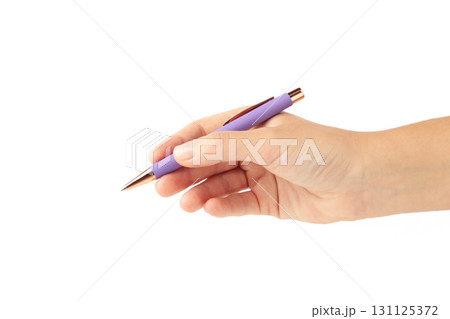 Young woman holding purple pen isolated on white background, closeup 131125372