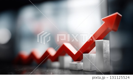Chart with red up arrow. Growth in business. Financial chart with moving up arrow graph in stock market on gray color blurred background 131125524