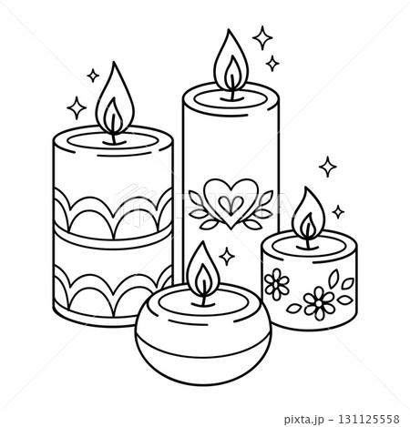Burning candles doodle set. Hand drawn black and white isolated Burning candles doodle set. Hand drawn black and white isolated 131125558