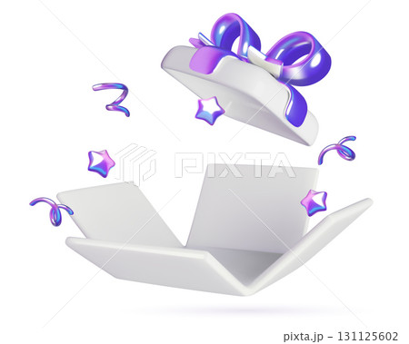 3d birthday present gift box opened exploding with stars and ribbons with empty space for a prize 131125602