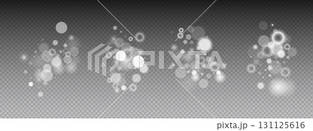 Bokeh glow set background with abstract light circles and dots. Luminous specks, particles create soft white shimmer effects on transparent surface. Vector blur elements for optical overlay design. 131125616