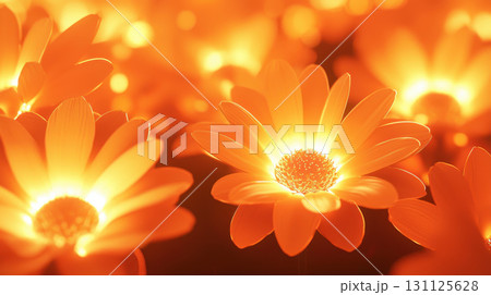 Glowing orange flowers create calming rhythm, evoking warmth and tranquility. abstract floral inspired patterns enhance serene atmosphere 131125628