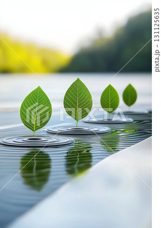 Floating green leaves creating ripples on calm water, symbolizing tranquility and nature beauty Floating green leaves creating ripples on calm water, symbolizing tranquility and nature beauty 131125635
