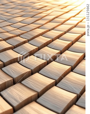 Textured wooden surface with warm glow, showcasing intricate patterns and natural beauty. serene arrangement of wooden blocks creates harmonious visual experience 131125662