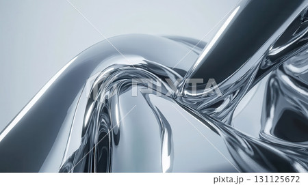 Sleek metallic fluid patterns create sense of flowing serenity in this abstract 3D illustration. smooth curves and reflective surfaces evoke tranquility and modernity 131125672