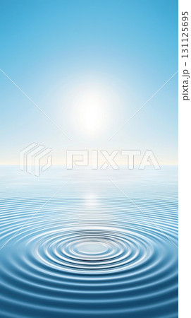 Serene water ripples radiating outward in soft patterns under bright sky. tranquil scene evokes sense of calm and peace 131125695