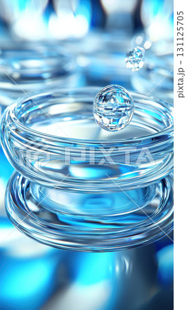 serene composition of glass spheres creating harmonic motion and cycles, reflecting light in tranquil blue environment. image evokes sense of calm and fluidity 131125705