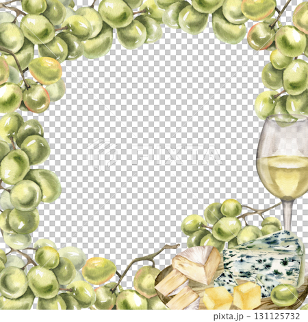 Grapes,wine and cheese plate watercolor banner template for menu,card,invitation design. White wine glass, camembert,blue cheese pieces decorated with grapevine clipart, organic healthy summer food 131125732