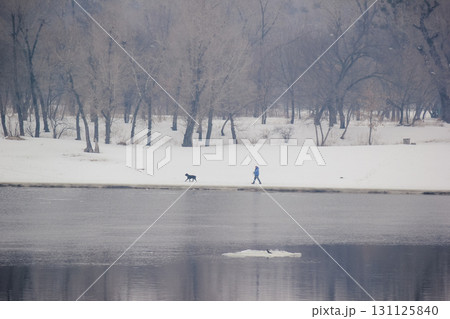 Walking along a river beach in winter, walking a dog Walking along a river beach in winter, walking a dog 131125840