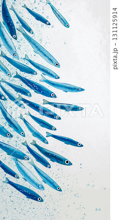 水彩で描いた青いイワシの群れ、白背景に泳ぐブルーの魚たち 131125914
