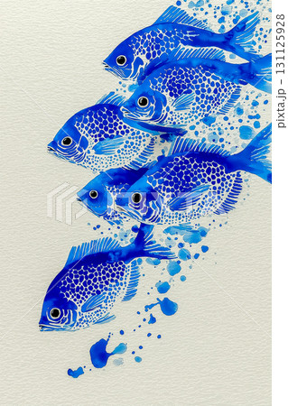 水彩で描いた青いイワシの群れ、白背景に泳ぐブルーの魚たち 131125928