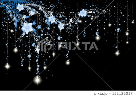 星屑と花が舞うファンタジー背景、輝く花ときらめく星のデザイン素材 131126017