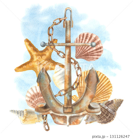 Rusty stell anchor with seashells. Hand drawn watercolor illustration of marine themes attributes on isolated background. Composition ideal for nautical stickers design, party decorations, stationery. Rusty stell anchor with seashells. Hand drawn watercolor illustration of marine themes attributes on isolated background. Composition ideal for nautical stickers design, party decorations, stationery. 131126247