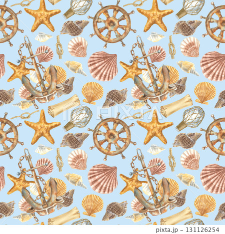 Seamless pattern with anchor, starfish, whimsical seashells, steering wheel, bottle, paper scroll, ship ropes with knots. Hand drawn watercolor illustration on blue background for nautical design. Seamless pattern with anchor, starfish, whimsical seashells, steering wheel, bottle, paper scroll, ship ropes with knots. Hand drawn watercolor illustration on blue background for nautical design. 131126254