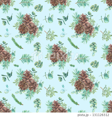 Seamless pattern for Christmas. Hand drawn pine cones, thuja, spruce branches and eucalyptus. Watercolor illustration on blue background. For printing on textiles, scrapbooking, packaging, decor. Seamless pattern for Christmas. Hand drawn pine cones, thuja, spruce branches and eucalyptus. Watercolor illustration on blue background. For printing on textiles, scrapbooking, packaging, decor. 131126312