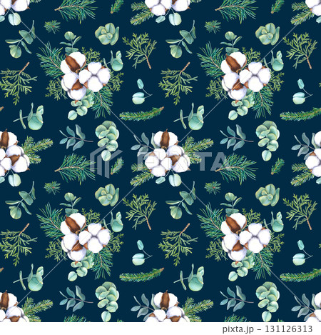 Watercolor seamless pattern with cotton flowers bolls, spruce twigs, eucalyptus branches and thuja. Hand drawn illustration on dark blue background. For fabric, wrapping paper, textile, decoupage card Watercolor seamless pattern with cotton flowers bolls, spruce twigs, eucalyptus branches and thuja. Hand drawn illustration on dark blue background. For fabric, wrapping paper, textile, decoupage card 131126313