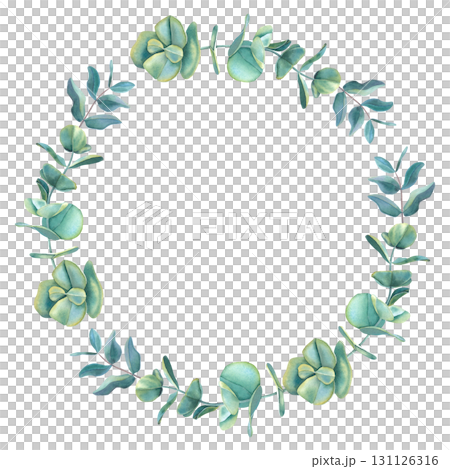 Wreath with green eucalyptus leaves. Hand drawn watercolor botanical illustration of circle floral frame on isolated background. Template for greeting cards, wedding or New Year invitations, logo. Wreath with green eucalyptus leaves. Hand drawn watercolor botanical illustration of circle floral frame on isolated background. Template for greeting cards, wedding or New Year invitations, logo. 131126316