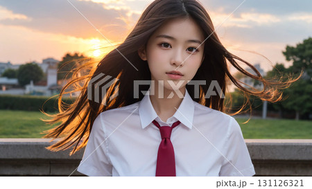 夕暮れ時、白シャツとネクタイの女性が風に揺れる髪をなびかせる美しいシーン。 131126321
