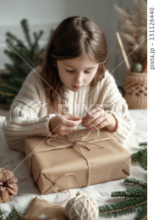 Young girl wrapping eco-friendly Christmas presents with natural decor and festive atmosphere 131126440