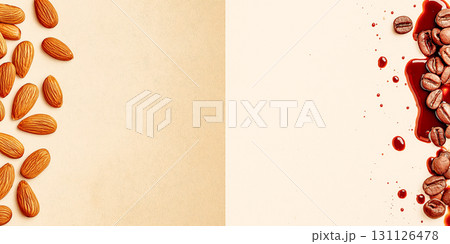 アーモンドとコーヒー豆のチョコレート、コーヒータイムをイメージした背景素材 アーモンドとコーヒー豆のチョコレート、コーヒータイムをイメージした背景素材 131126478